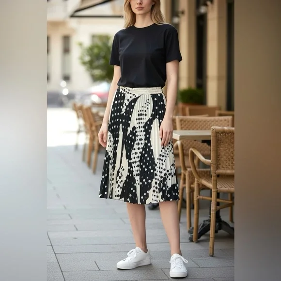 Tahari Black and Cream Polka Dot Midi Skirt - Picture 3 of 11